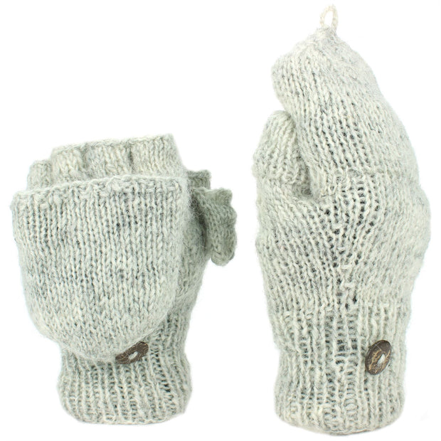 Chunky Wool Knit Fingerless Shooter Gloves - Plain - Light Grey