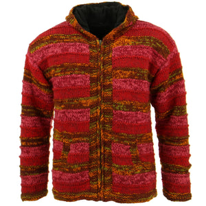 Space Dye Chunky Wool Knit Ribbed Hooded Cardigan Jacket - Red