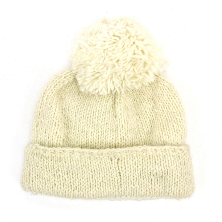 Hand Knitted Wool Beanie Bobble Hat - Plain Cream