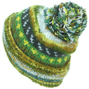 Chunky Wool Knit Abstract Pattern Beanie Bobble Hat - 17 Green