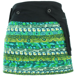 Mini jupe portefeuille popper réversible - bandes patch vertes / huître florale