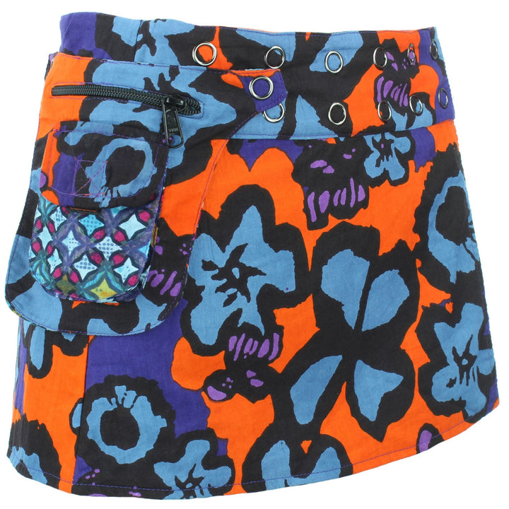 Reversible Popper Wrap Children's Size Mini Skirt - Diamond Block / Ikat Floral
