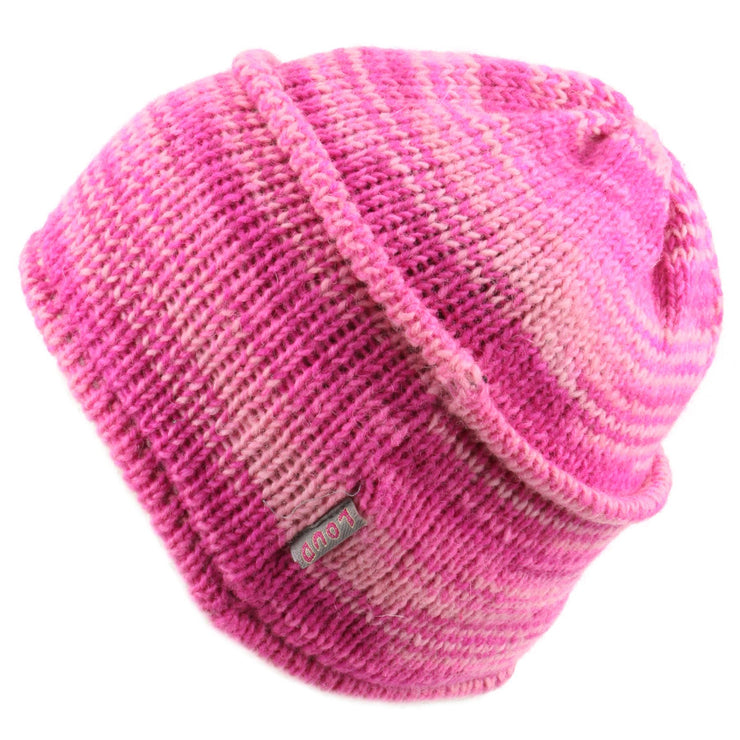 Wool knit ridge beanie hat with fleece lining - Pink Space Dye