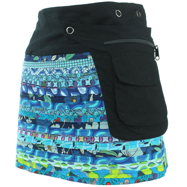 Reversible Popper Wrap Mini Skirt - Blue Patch Strips / Diamond Block