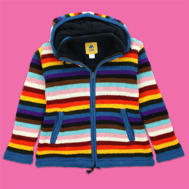 Hand Knitted Wool Hooded Jacket Cardigan Ladies Cut - Stripe Progress Rainbow