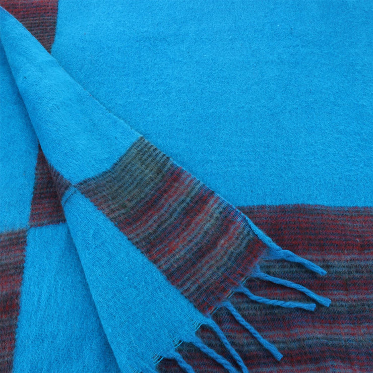 Tibetan Wool Blend Shawl Blanket - Blue with Maroon & Grey Reverse