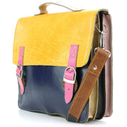 Real Leather Colourful Satchel Messenger Shoulder Bag - Yellow & Navy Mix
