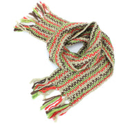 Long Chunky Knit Acrylic Scarf - Beige, Red & Green