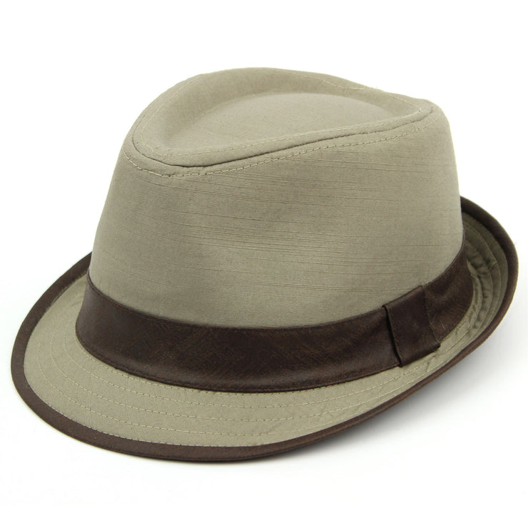 Cotton trilby hat with faux leather band and trim - Beige