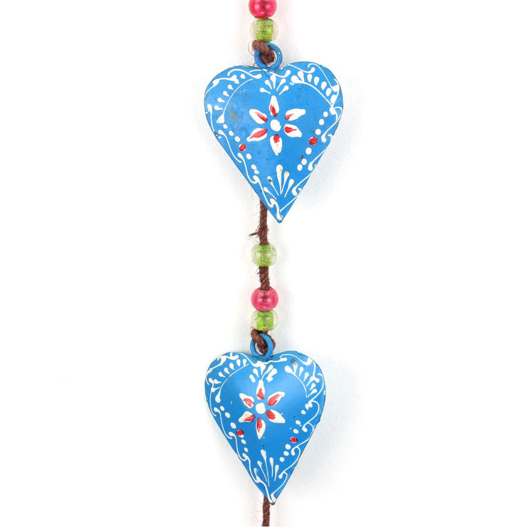 Hanging Mobile Decoration String of Hearts - Blue - Brown String