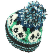 Wool Knit Bobble Beanie Hat - Panda - Green Teal