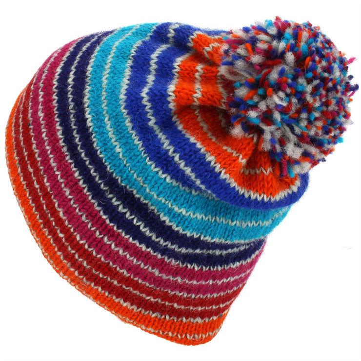 Wool Knit Bobble Beanie Hat - Stripe Blue