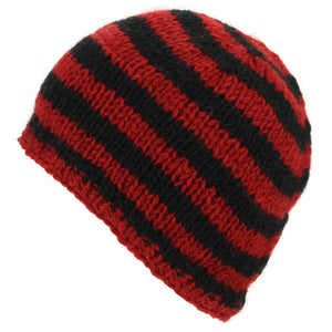 Bonnet tricot laine - rayure rouge noir