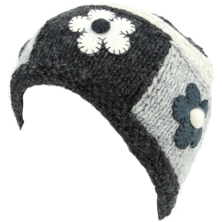 Ladies Wool Knit Beanie Hat with Flower Patch Design - Charcoal