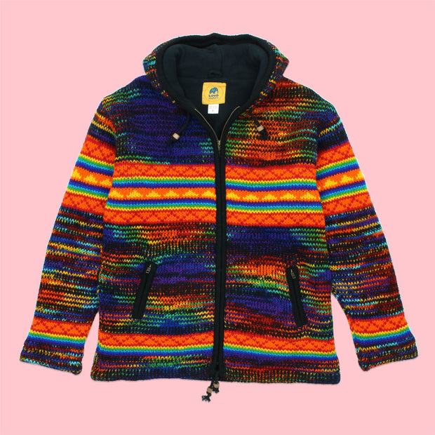 Hand Knitted Wool Hooded Jacket Cardigan - SD Black Rainbow Orange