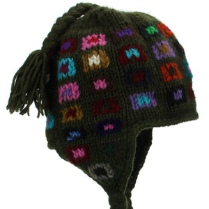 Wool Knit Earflap Tassel Hat - Square Green