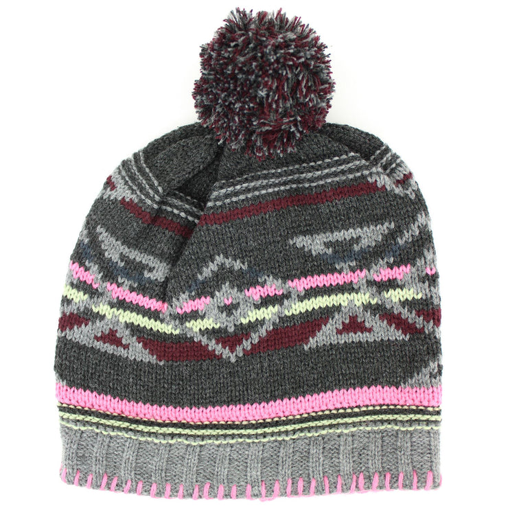 Fine knit aztec pattern beanie bobble hat - Grey