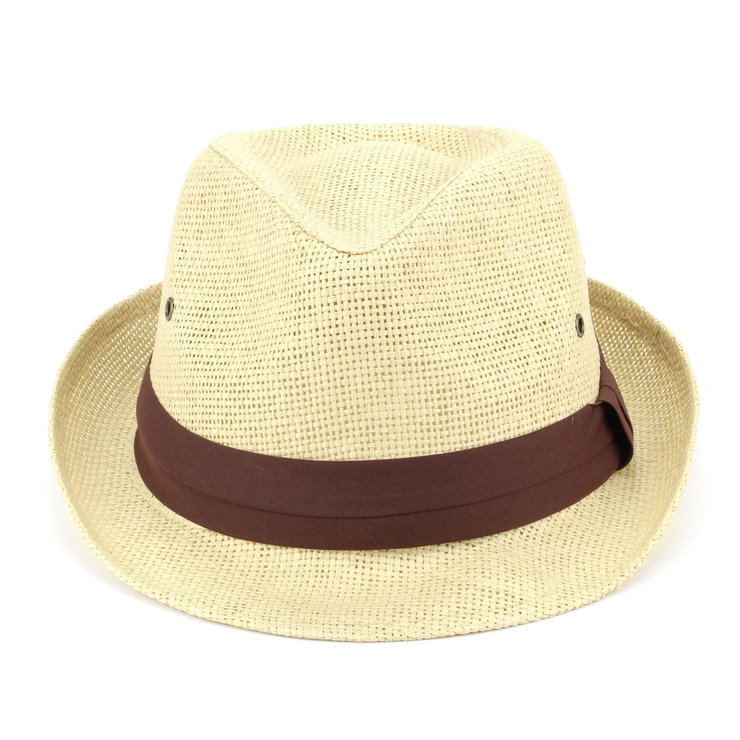 Straw Trilby Fedora Hat with Ventilation and Ribbon - Brown