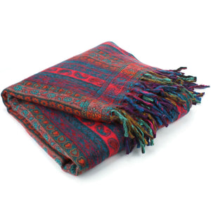 Akryl uld sjal tæppe - stribe - blågrøn & rød