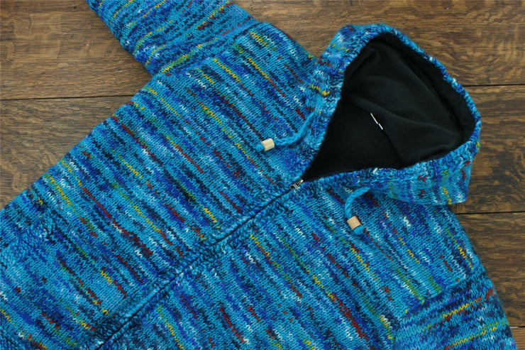 Hand Knitted Wool Hooded Jacket Cardigan - SD Bright Blue Mix