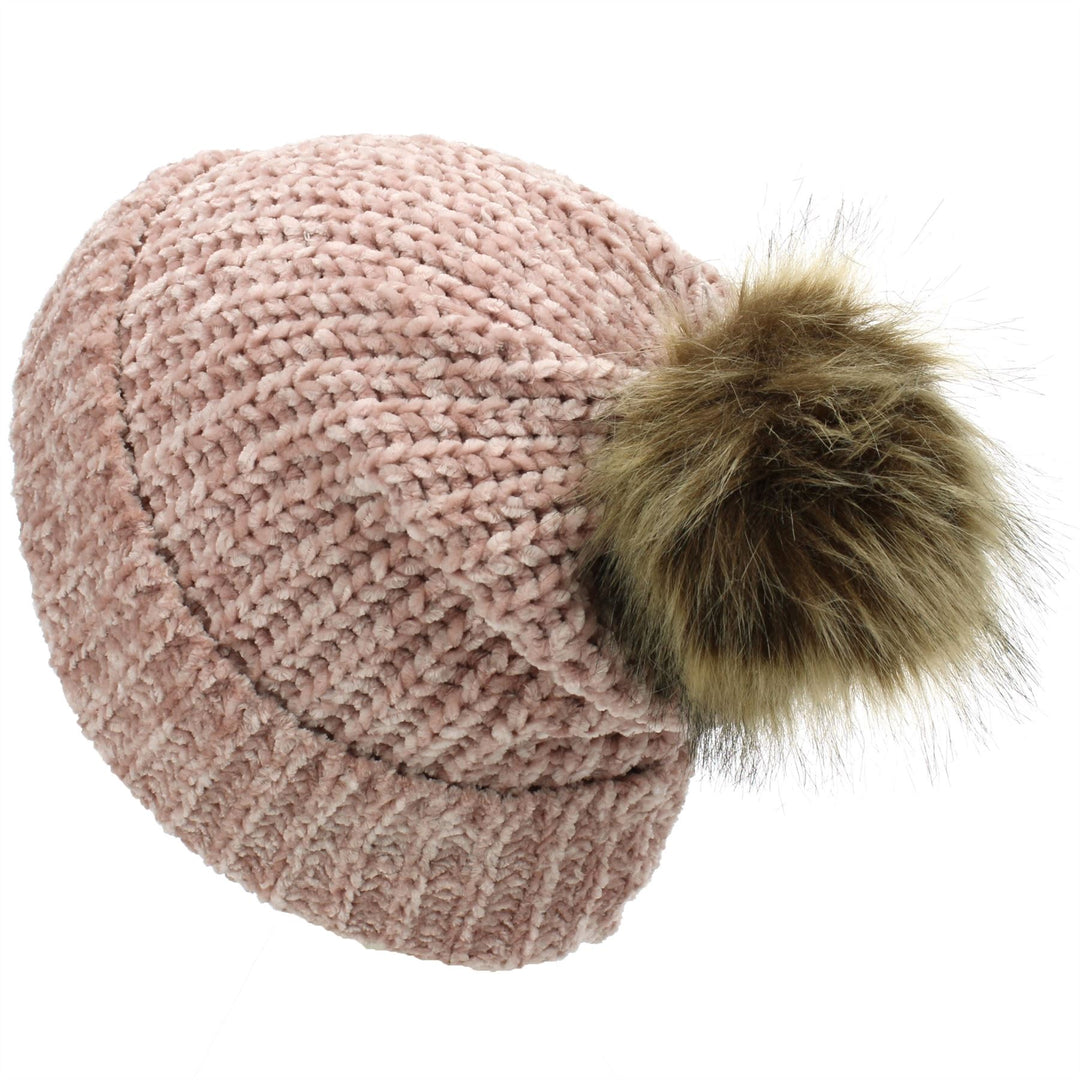 Knitted Beanie Hat with Bobble - Pink