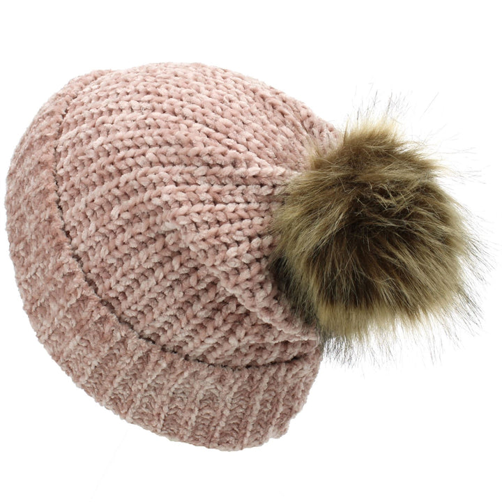 Knitted Beanie Hat with Bobble - Pink