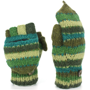 Chunky Wool Knit Fingerless Shooter Gloves - Stripe - Green