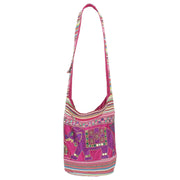 Embroidered Elephant Canvas Sling Shoulder Bag - Pink