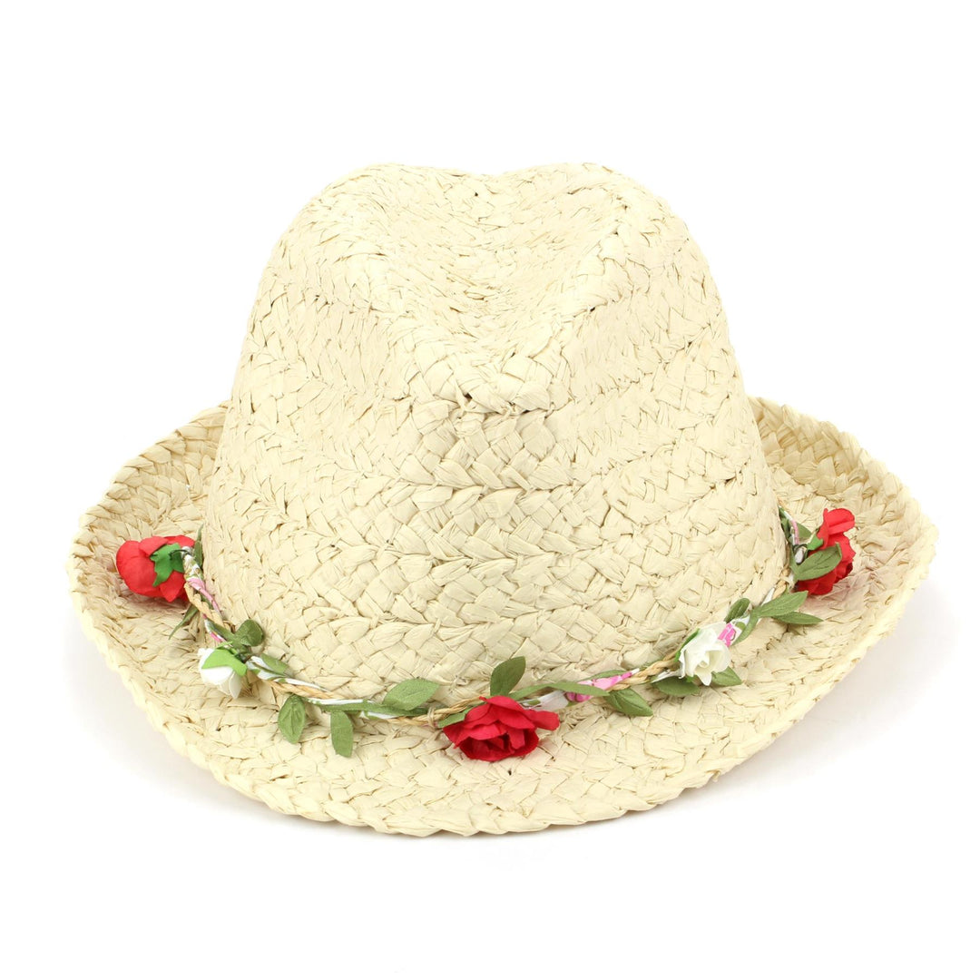 Straw Trilby Fedora Hat with Flower Garland Band