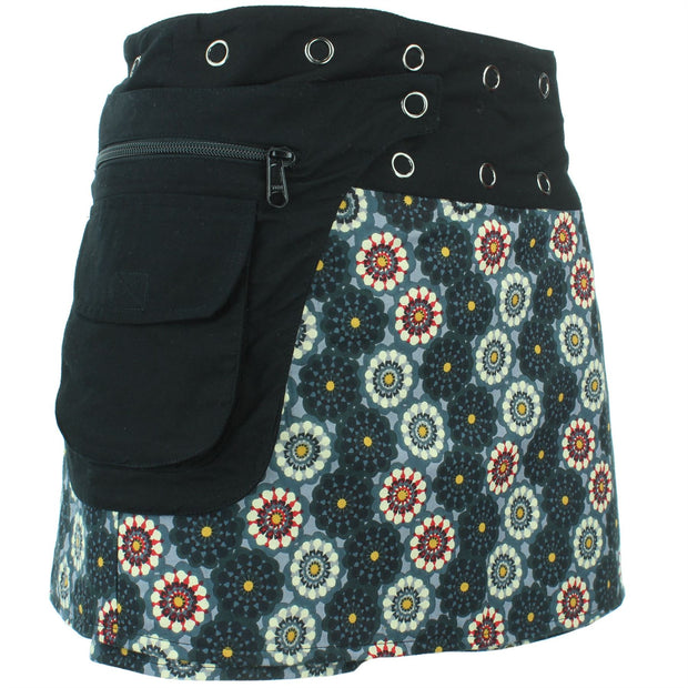 Reversible Popper Wrap Mini Skirt - Black Patch Strips / Kaleidoscope