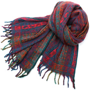 Acrylic Wool Shawl Blanket - Stripe - Teal & Red