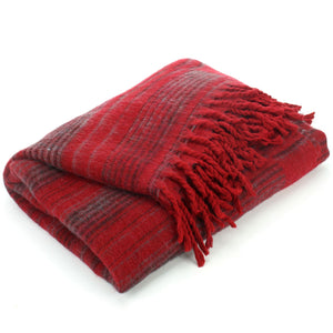 Vegan Wool Shawl Blanket - Stripe - Red Grey