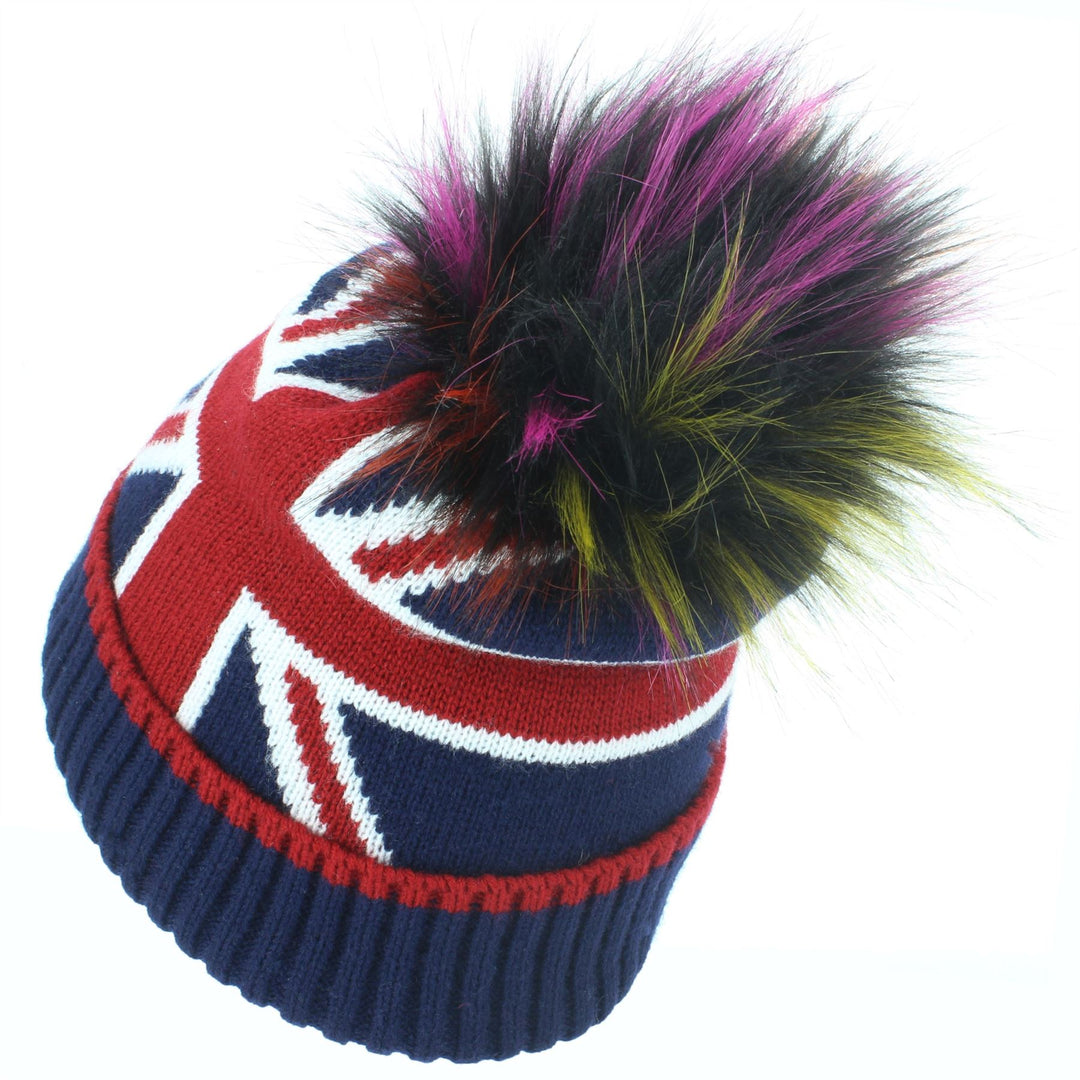 Union Jack Bobble Beanie Hat with Faux Fur Bobble - Purple & Green