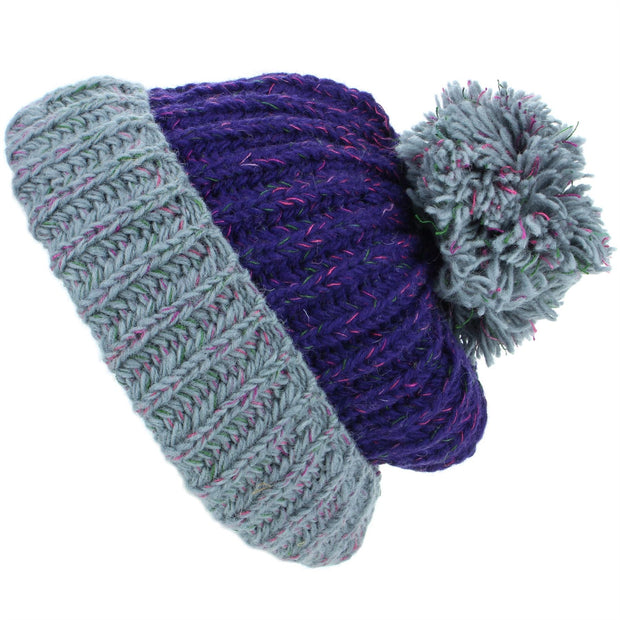 Wool Knit Beanie Bobble Hat - Purple & Grey