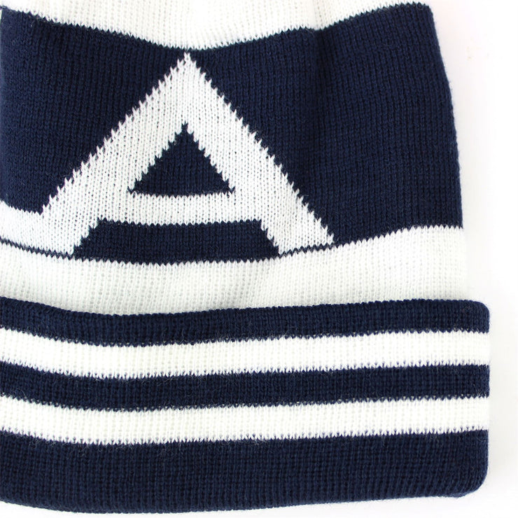 Fine knit striped bobble beanie hat with turn up - Navy LA