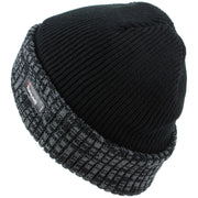 Fleece Lined Ribbed Beanie Hat with a Contrast Mix Turn-up - Black