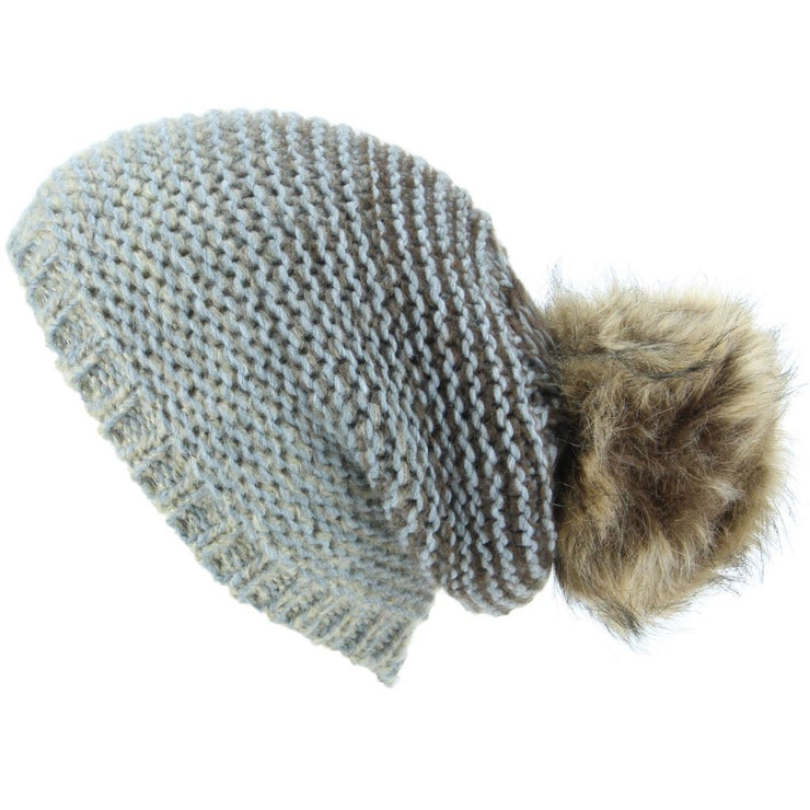 Chunky Knit 2-Tone Slouch Beanie Hat with Faux Fur Bobble - Blue