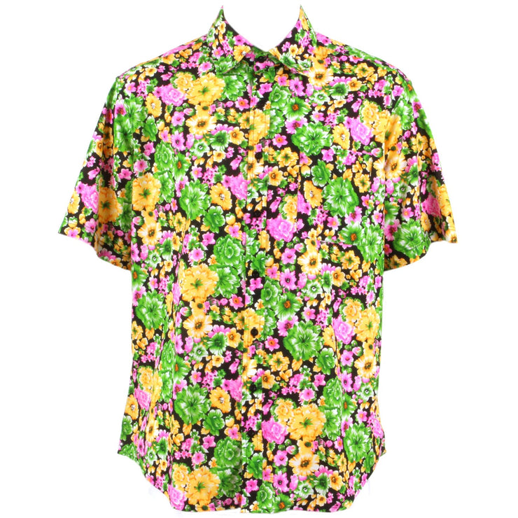Regular Fit Short Sleeve Shirt - Green Pink & Yellow Floral on Black