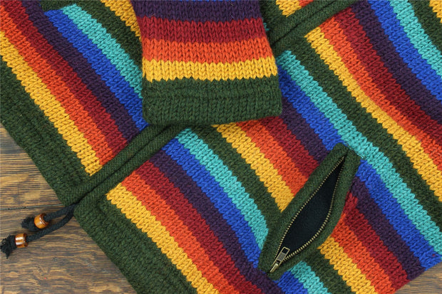 Hand Knitted Wool Hooded Jacket Cardigan - Stripe Dark Rainbow