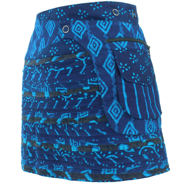 Reversible Popper Wrap Mini Skirt - Indigo Patch Strips / Indigo Stripe