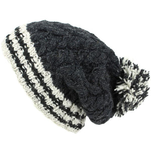 Chunky uldkabelstrik Big Baggy Slouch Beanie Bobble Hat med stribet kant - trækul