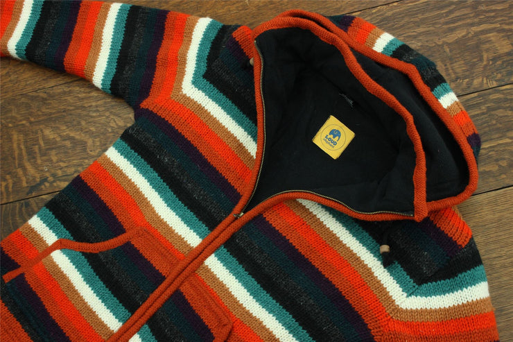 Hand Knitted Wool Hooded Jacket Cardigan - Stripe Anu