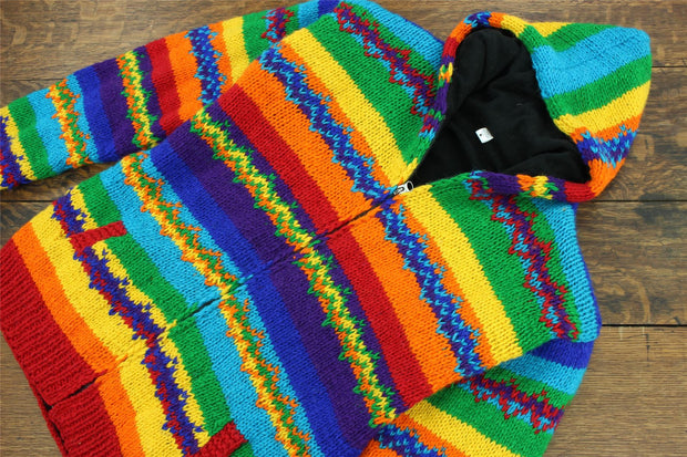 Hand Knitted Wool Hooded Jacket Cardigan - Stripe Rainbow Zig Zag