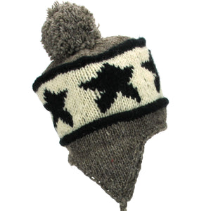 Bonnet à pompon en laine tricoté avec oreillettes - gris étoile