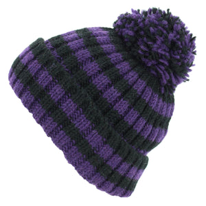 Bonnet pompon en laine tricoté à la main - rayure violet noir