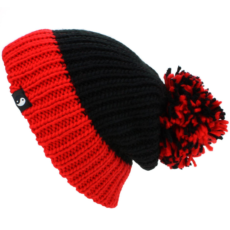 Chunky Acrylic Knit Beanie Hat with a MASSIVE Bobble - Red & Black