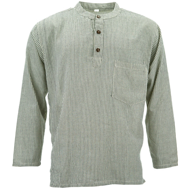 Cotton Grandad Collar Shirt - Cream Black Stripe