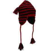 Wool Knit Earflap Tassel Hat - Stripe Red Black