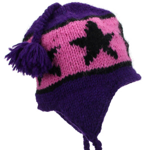 Bonnet à pompon en tricot de laine - violet étoile