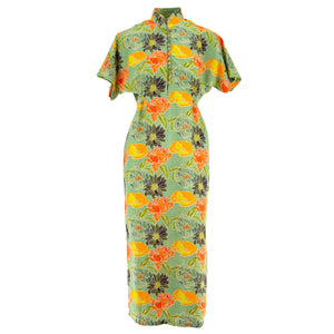 Mandarin-Maxikleid – Retro-Blumenmuster